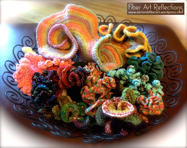hyperbolic crochet wire bowl display with tag